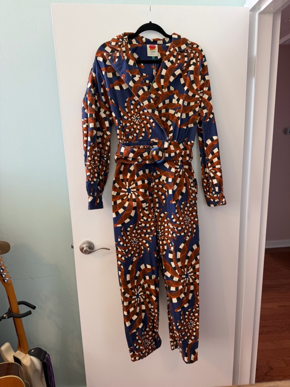 NWT Farm Rio Retro Spiral Print Blue Bandana Belted Jumpsuit in Navy & Rust - Picture 7 of 14